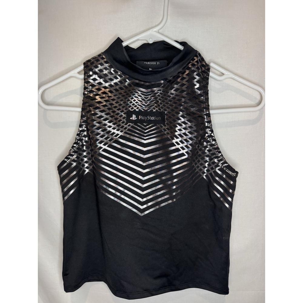 Forever 21 x PlayStation Women's Small Metallic Silver Black Mock Neck Tank Top